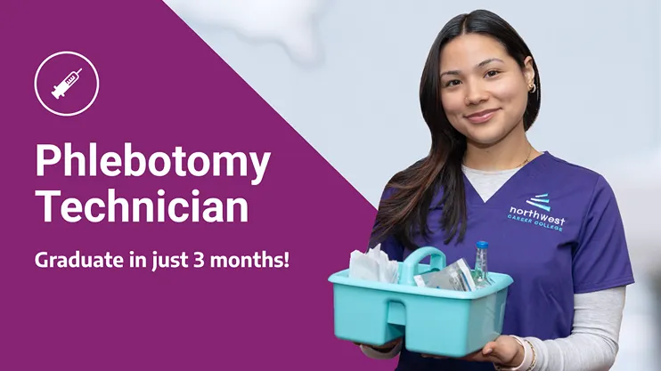 Phlebotomy student in Las Vegas at Northwest Career College holding training kit for 3-month program